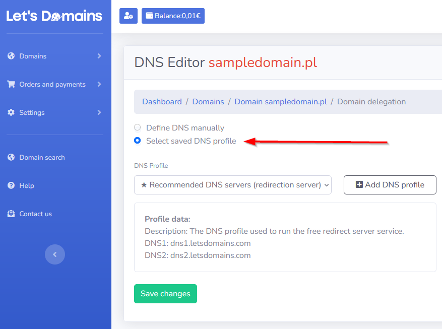 select saved DNS profile